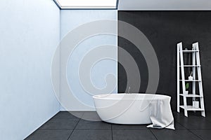 Blue and black bathroom with bathtub and white shelf for gels with window