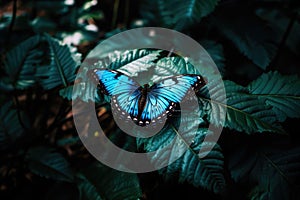 Blue and black butterfly perched on leaf, created using generative ai technology