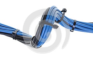 Blue and black electrical wires with cable ties