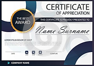 Blue black Elegance horizontal Circle certificate with Vector illustration ,white frame certificate template with clean and modern