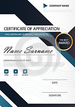 Blue black Elegance vertical certificate with Vector illustration , white frame certificate template with clean and modern pattern