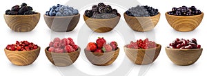 Blue-black and red fruits and berries solated on white. Sweet and juicy berry with copy space for text. Mulberries, blueberries, b photo