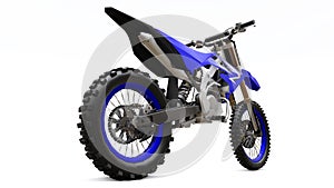 Blue and black sport bike for cross-country on a white background. Racing Sportbike. Modern Supercross Motocross Dirt Bike. 3D photo