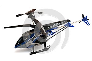 A blue black toy helicopter chopper with two pairs of separate rotor blades