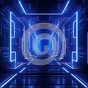 A Blue And Black Tunnel With Lights, blue neon abstract background ultraviolet light