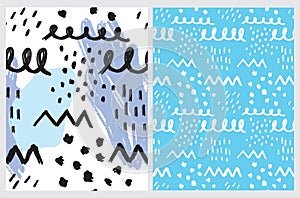 Blue, Black and White Grunge Seamless Doodle Print.