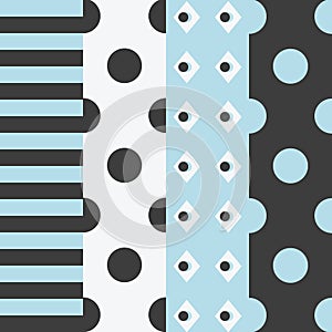 Blue, black and white minimal stripy and polka dots cute patterns set design elements and backgrounds