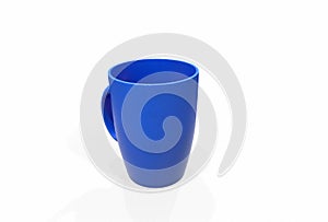 Blue blank enamel mug on bright floor. 3d rendering
