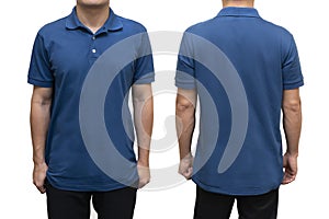 Blue blank polo t-shirt on human body