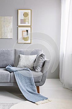 Blue blanket on grey couch against the wall with gold paintings