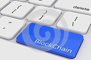Blue Blockchain Key on White PC Keyboard. 3d Rendering