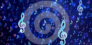 Blue blurred musical abstract bokeh background with notes