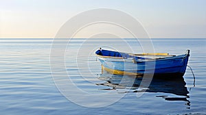 Blue boat in a calm sea waters near a beachline