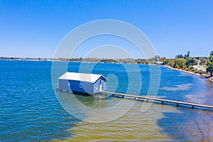 Blue boat house in Perth, Australia