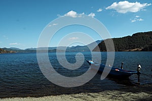 Blue boat in Lugu lake