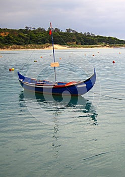 Blue boat moored near beach