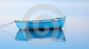 Blue boat on the sea with reflection in the water