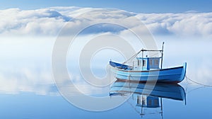 Blue boat on the sea with reflection in the water