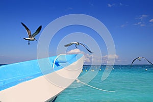 Blue boat seagulls Caribbean turquoise sea