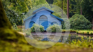 Blue boathouse with characteristic architecture