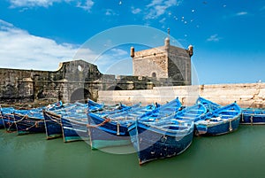 Blue boats in the port of Essaouira