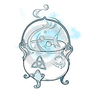 Blue boiling magic cauldron vector illustration. Hand drawn wiccan design, astrology, alchemy, magic symbol over abstract