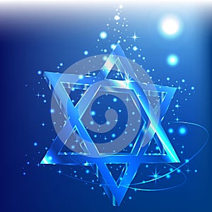 Blue bokeh Star of David glass glowing in the dark. Jewish symbol.