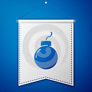 Blue Bomb ready to explode icon isolated on blue background. White pennant template. Vector