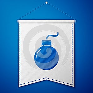 Blue Bomb ready to explode icon isolated on blue background. White pennant template. Vector Illustration