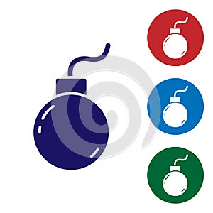 Blue Bomb ready to explode icon isolated on white background. Set icons in color square buttons. Vector