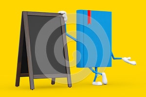 Blue Book Character Mascot with Blank Wooden Menu Blackboards Outdoor Display. 3d Rendering