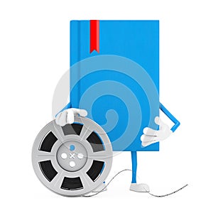 Blue Book Character Mascot with Film Reel Cinema Tape. 3d Rendering