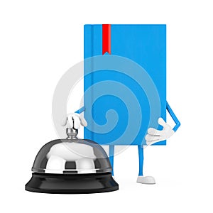 Blue Book Character Mascot with Hotel Service Bell Call. 3d Rendering