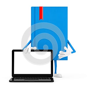 Blue Book Character Mascot and Modern Laptop Notebook Computer with Blank Screen for Your Design. 3d Rendering