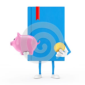 Blue Book Character Mascot with Piggy Bank and Golden Dollar Coin. 3d Rendering