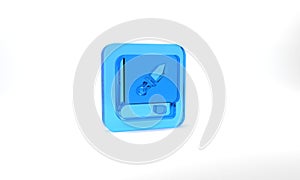 Blue Book about weapon icon isolated on grey background. Small firearm. Weapon catalog. Glass square button. 3d