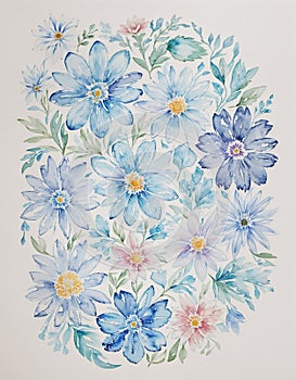 blue botanical flowers watercolorwarm watercolor colors in white background.