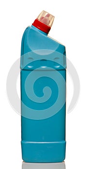 Blue bottle with detergent isolated on a white background.