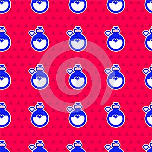 Blue Bottle with love potion icon isolated seamless pattern on red background. Happy Valentines day. Vector