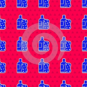 Blue Bottle of shampoo and sponge icon isolated seamless pattern on red background. Vector