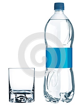 Blue bottle with water and empty glass