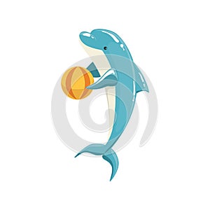 Blue Bottlenose Dolphin Holding Ball For Entertainment Show, Realistic Aquatic Mammal Vector Drawing