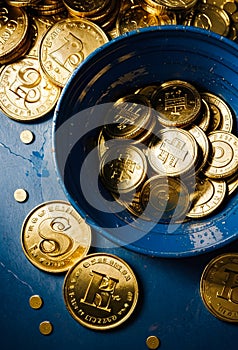 blue bowl filled with gold coins on top of a table generated by AI