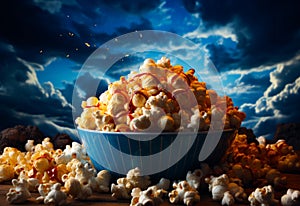 A blue bowl filled with popcorn on top of a table