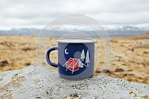 Blue cup, camping equipment, tableware