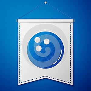 Blue Bowling ball icon isolated on blue background. Sport equipment. White pennant template. Vector Illustration