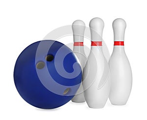 Blue bowling ball and pins isolated