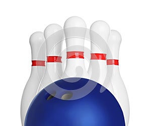 Blue bowling ball and pins on white background