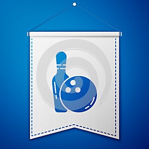 Blue Bowling pin and ball icon isolated on blue background. Sport equipment. White pennant template. Vector Illustration