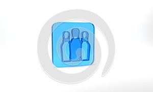 Blue Bowling pin icon isolated on grey background. Juggling clubs, circus skittles. Glass square button. 3d illustration